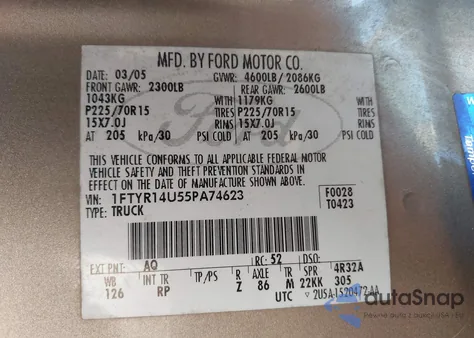 2005 Ford Ranger Edge/Stx/Xl/Xlt z USA, uszkodzony, nr VIN 1FTYR14U55PA74623
